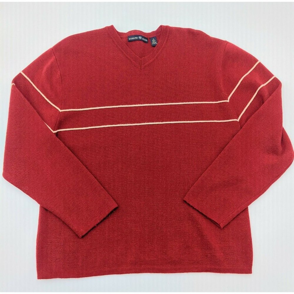 American Eagle Outfitters Men's V Neck 100% Merino Wool Red Striped Sweater L